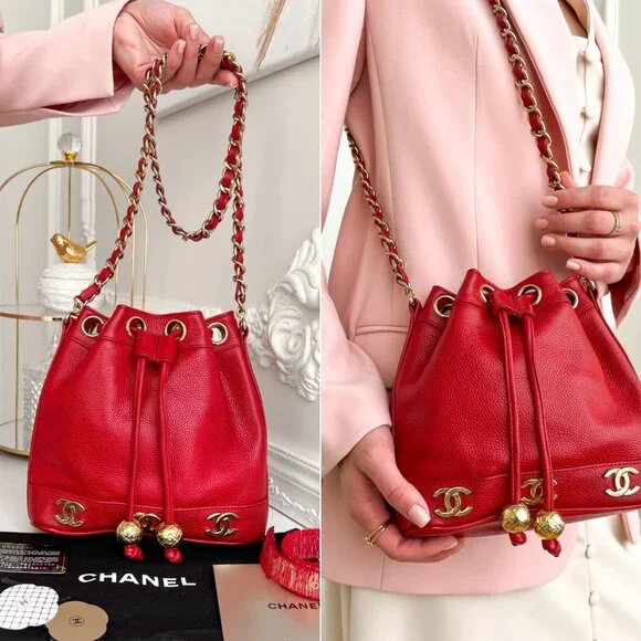 Authentic Chanel CC Bucket Mini Triple coco mark Shoulder Crossbody red B0970 - Picture 16 of 16